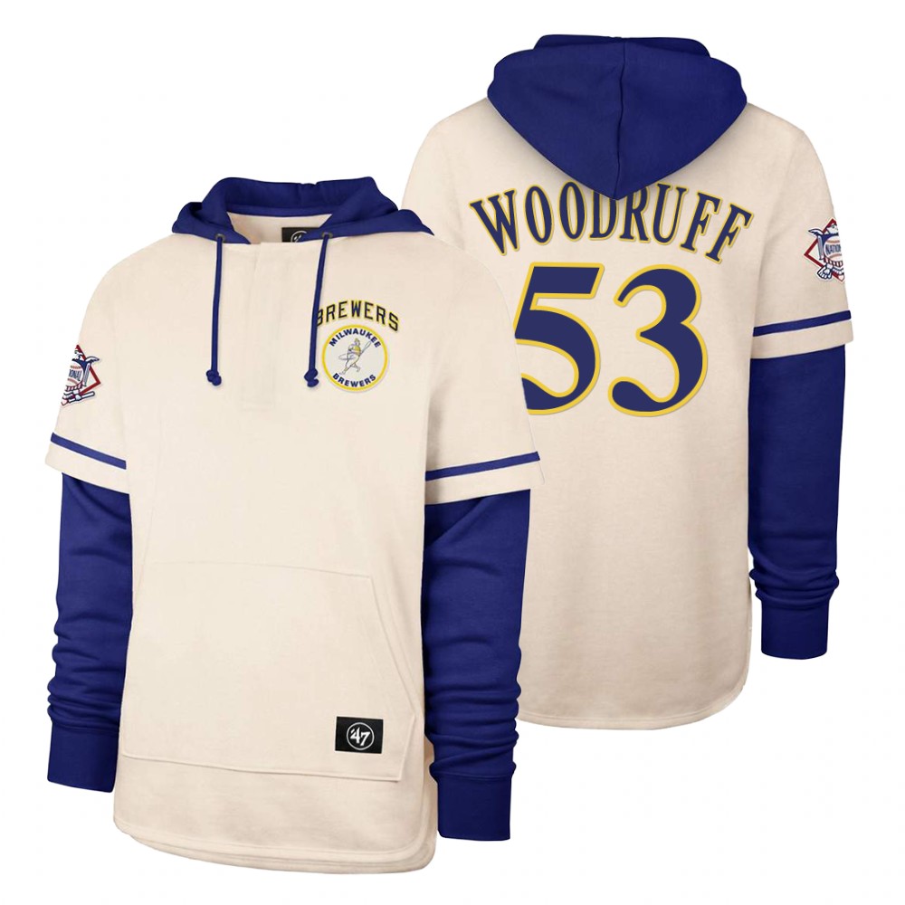Men Milwaukee Brewers #53 Woodruff Cream 2021 Pullover Hoodie MLB Jersey